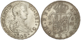 Spanish Monarchy: Ferdinand VII
8 Reales. 1808. SEVILLA. C.N. 26,85 grs. (Oxidaciones limpiadas en anverso). AC-1411. (MBC+)/EBC.
