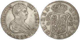 Spanish Monarchy: Ferdinand VII
8 Reales. 1809. SEVILLA. C.N. Anv.: Busto desnudo. 26,95 grs. AC-1412. MBC+.