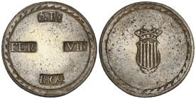 Spanish Monarchy: Ferdinand VII
5 Pesetas. 1809. TARRAGONA. Anv.: Cero de la fecha grande (1809). Rev.: Escudo estrecho. 26,28 grs. Latón plateado. F...