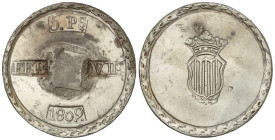 Spanish Monarchy: Ferdinand VII
5 Pesetas. 1809. TARRAGONA. Anv.: Cero de la fecha pequeño (18o9). Rev.: Escudo ancho. 26,55 grs. (Restos de soldadur...