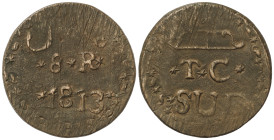 Spanish Monarchy: Ferdinand VII
8 Reales. 1813. TIERRAS CALIENTES. 27,90 grs. AE. Acuñada por los insurgentes. ESCASA. ESCASA. AC-1431. MBC.