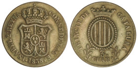 Spanish Monarchy: Elisabeth II
3 Cuartos. 1838. BARCELONA. 6,71 grs. Pátina. AC-6. MBC.
