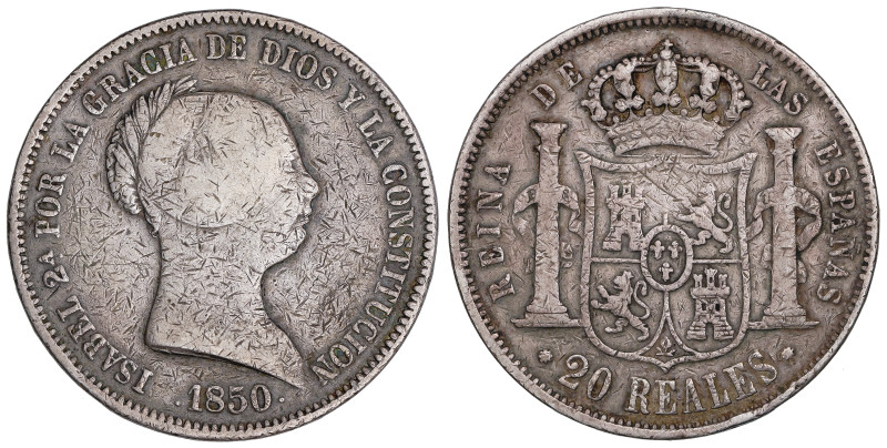 Spanish Monarchy: Elisabeth II
20 Reales. 1850. BARCELONA. 25,57 grs. (Ha estad...