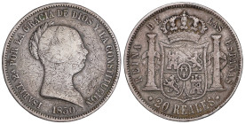 Spanish Monarchy: Elisabeth II
20 Reales. 1850. BARCELONA. 25,57 grs. (Ha estado en aro). Ligera pátina. MUY RARA. AC-569; Cal-151. BC+.
