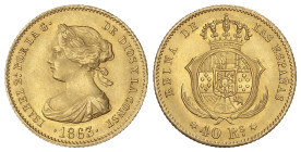 Spanish Monarchy: Elisabeth II
40 Reales. 1863. MADRID. 3,38 grs. Restos de brillo original. AC-682. EBC-/EBC.