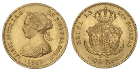 Spanish Monarchy: Elisabeth II
40 Reales. 1863. MADRID. 3,36 grs. (Casi imperceptibles rayitas de limpieza, canto irregular). AC-682. EBC-.