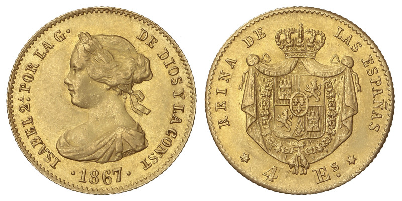 Spanish Monarchy: Elisabeth II
4 Escudos. 1867. MADRID. 3,35 grs. (Ínfimas marq...