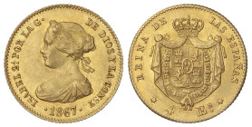 Spanish Monarchy: Elisabeth II
4 Escudos. 1867. MADRID. 3,35 grs. (Ínfimas marquitas). Restos de brillo original. AC-691. EBC-.