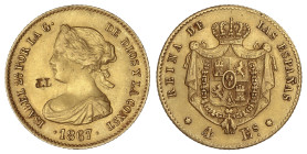 Spanish Monarchy: Elisabeth II
4 Escudos. 1867. MADRID. 3,36 grs. (Iniciales J.L. punzonadas en el campo). AC-691. MBC+.