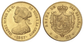 Spanish Monarchy: Elisabeth II
4 Escudos. 1867. MADRID. 3,35 grs. (Ínfimas rayitas). Restos de brillo original. AC-691. EBC-.