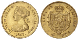 Spanish Monarchy: Elisabeth II
4 Escudos. 1867. MADRID. 3,35 grs. AC-691. MBC+/EBC-.