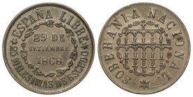 Peseta System: Provisional Government And I Republic
25 Milésimas de Escudo. 1868. SEGOVIA. Pátina. (Hojita en anverso). ESCASA. AC-10. EBC-.