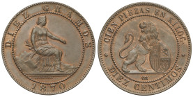 Peseta System: Provisional Government And I Republic
10 Céntimos. 1870. BARCELONA. O.M. 10,34 grs. ATRACTIVA. AC-8. EBC/EBC+.