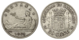 Peseta System: Provisional Government And I Republic
50 Céntimos. 1869 (*6-9). S.N.-M. MBC.