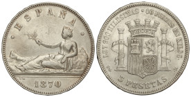 Peseta System: Provisional Government And I Republic
5 Pesetas. 1870 (*18-70). S.N.-M. (Golpecitos). MBC+.