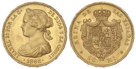 Peseta System: Provisional Government And I Republic
10 Escudos. 1868 (*18-73). MADRID. 8,37 grs. Acuñada durante el período de la I República con bu...