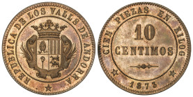 Peseta System: Provisional Government And I Republic
10 Céntimos. 1873. VALLS D´ ANDORRA. 9,92 grs. AE. Brillo original. BELLA. RARA. AC-2; Bruce-X2....