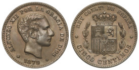 Peseta System: Alfonso XII
5 Céntimos. 1879. BARCELONA. O.M. Ligera pátina. EBC+.