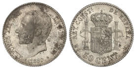 Peseta System: Alfonso XII
50 Céntimos. 1880 (*8-0). M.S.-M. (Leves oxidaciones). Restos de brillo original. (EBC+).