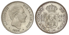 Peseta System: Alfonso XII
10 Centavos de Peso. 1885. MANILA. 2,55 grs. Pleno brillo original. MUY BELLA. AC-102. SC.
