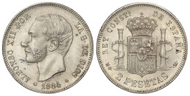 Peseta System: Alfonso XII
2 Pesetas. 1884 (*18-84). M.S.-M. (Golpecitos en gráfila). Restos de brillo original. EBC-.