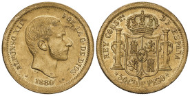 Peseta System: Alfonso XII
Prueba de 50 Centavos de Peso. 1880. MANILA. 13,51 grs. Latón. Anverso y reverso coincidentes. Tipo medalla Acuñada probab...