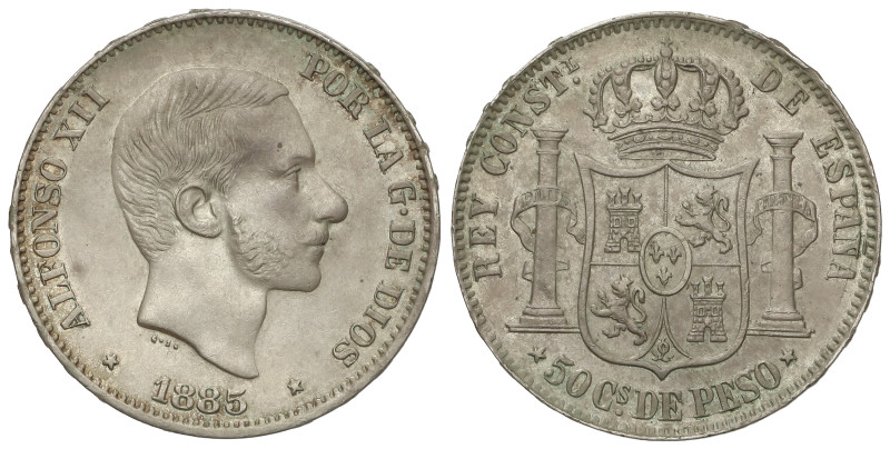 Peseta System: Alfonso XII
50 Centavos de Peso. 1885. MANILA. AC-124. EBC.