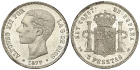 Peseta System: Alfonso XII
5 Pesetas. 1877 (*18-77). D.E.-M. (Manchitas en canto e ínfimas rayitas). Pleno brillo original, parece PROOF. Muy bella. ...