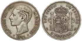 Peseta System: Alfonso XII
5 Pesetas. 1881 (*18-81). (Golpecitos). MBC-.