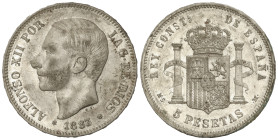 Peseta System: Alfonso XII
5 Pesetas. 1883 (*18-83). M.S.-M. (Leves golpecitos y concreciones). Brillo original. EBC-/EBC.