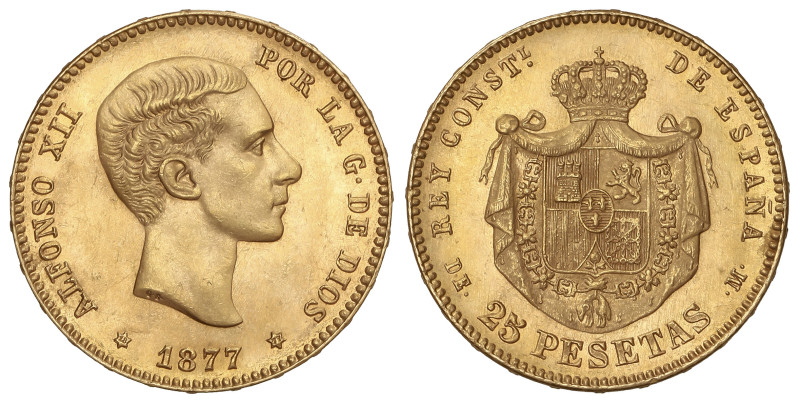 Peseta System: Alfonso XII
25 Pesetas. 1877 (*18-77). D.E.-M. (Ínfimas rayitas)...