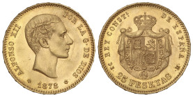 Peseta System: Alfonso XII
25 Pesetas. 1878 (*18-78). D.E.-M. (Leve rayitas). Pleno brillo original. SC.