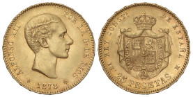 Peseta System: Alfonso XII
25 Pesetas. 1878 (*18-78). E.M.-M. (Ínfimas marquitas). Restos de brillo original. EBC+/SC-.