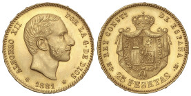 Peseta System: Alfonso XII
25 Pesetas. 1881 (*18-81). M.S.-M. Acuñación algo floja en parte. Brillo original. EBC+.