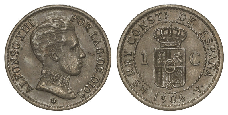 Peseta System: Alfonso XIII
1 Céntimo. 1906 (*6). S.M.-V. Pátina. RARA. MBC+.