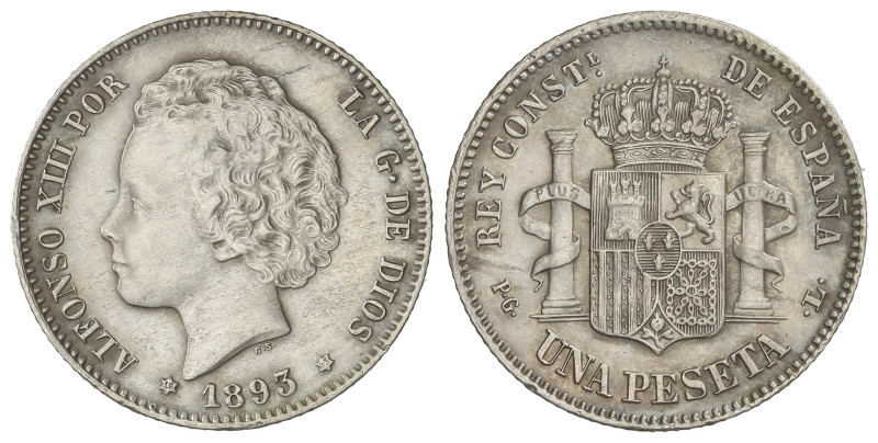 Peseta System: Alfonso XIII
1 Peseta. 1893 (*18-93). P.G.-L. (Zonas de plata ma...