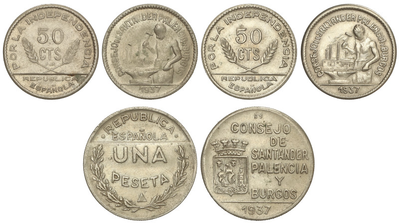 Peseta System: Local Issues Of The CIVil War
Lote 3 monedas 50 Céntimos (2) y 1...