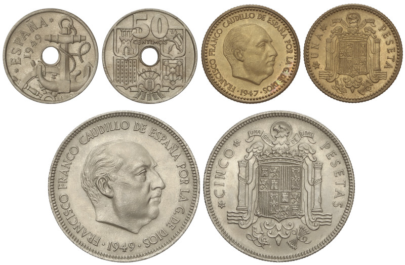 Peseta System: Estado Español
Lote 3 monedas 50 Céntimos, 1 y 5 Pesetas. 1947 a...