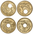 Peseta System: Juan Carlos I
Lote 2 monedas 25 Pesetas. 1991. ERROR: Agujero central muy desplazado, incluye moneda sin error para comparar. JBM-84.2...
