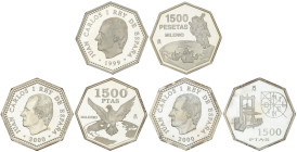 Peseta System: Juan Carlos I
Lote 3 monedas 1.500 Pesetas. 2000. MILENIO. AR. Astronauta, Paz, Máquina Tonelier. PROOF.