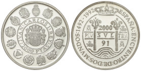 Peseta System: Juan Carlos I
2.000 Pesetas. 1991. AR. Columnario. Encuentro de dos mundos serie I. En cápsula. HGC-596. PROOF.