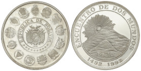 World Coins: BolIVia
10 Bolivianos. 1991. AR. Serie Iberoamericana. Encuentro de Dos Mundos: Cerro de Potosí. En cápsula. KM-207. PROOF.