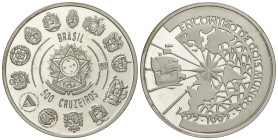 World Coins: Brazil
500 Cruzeiros. 1991. AR. Serie Ibeoamericana: Encuentro de Dos Mundos. En cápsula. KM-621. PROOF.