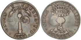World Coins: Chile
1 Peso. 1834. SANTIAGO. I.J. 27,30 grs. Con resello dudoso Y-II. SOLD AS IS. NO RETURN. RARA. KM-82.2. MBC.