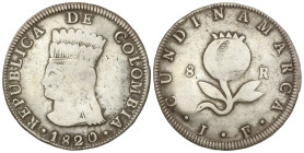 World Coins: Colombia
8 Reales. 1820. CUNDIMARCA. J.F. 23,25 grs. AR. ESCASA. KM-C6. MBC-.
