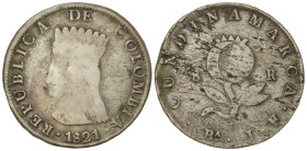 World Coins: Colombia
8 Reales. 1821. BOGOTA. J.F. 23,28 grs. AR. (Hojitas en reverso y golpes en canto). KM-C6. BC+.