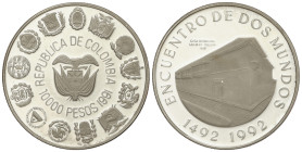 World Coins: Colombia
10.000 Pesos. 1991. AR. Serie Iberoamericana. Encuentro de Dos Mundos: Ceca de Bogotá. En cápsula. KM-284. PROOF.
