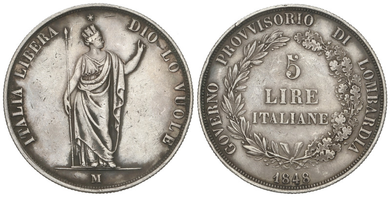 World Coins: Italian States
5 Lire. 1848-M. LOMBARDIA. MILÁN. 24,88 grs. AR. (P...