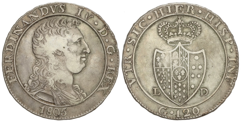 World Coins: Italian States
120 Grana. 1805. FERDINANDO IV. NÁPOLES. 27,21 grs....