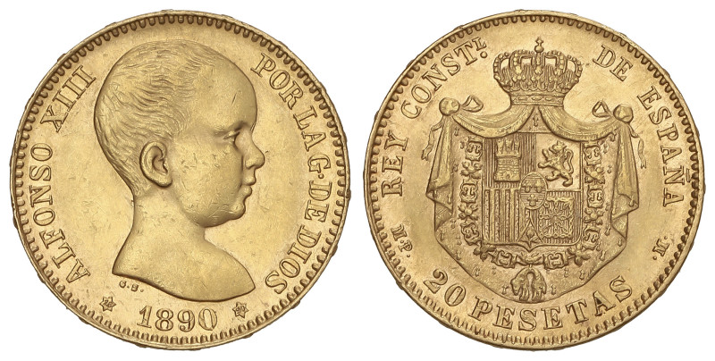 Peseta System: Alfonso XIII
20 Pesetas. 1890 (*18-90). M.P.-M. (Leves golpecito...